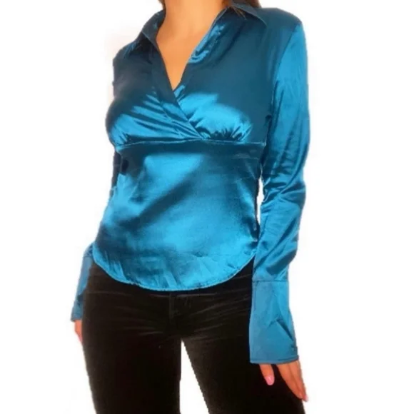 SOLD A Byer Y2K Satin Babydoll Top Women Medium Teal Blue Aquamarine Mermaidcore - Picture 2 of 11